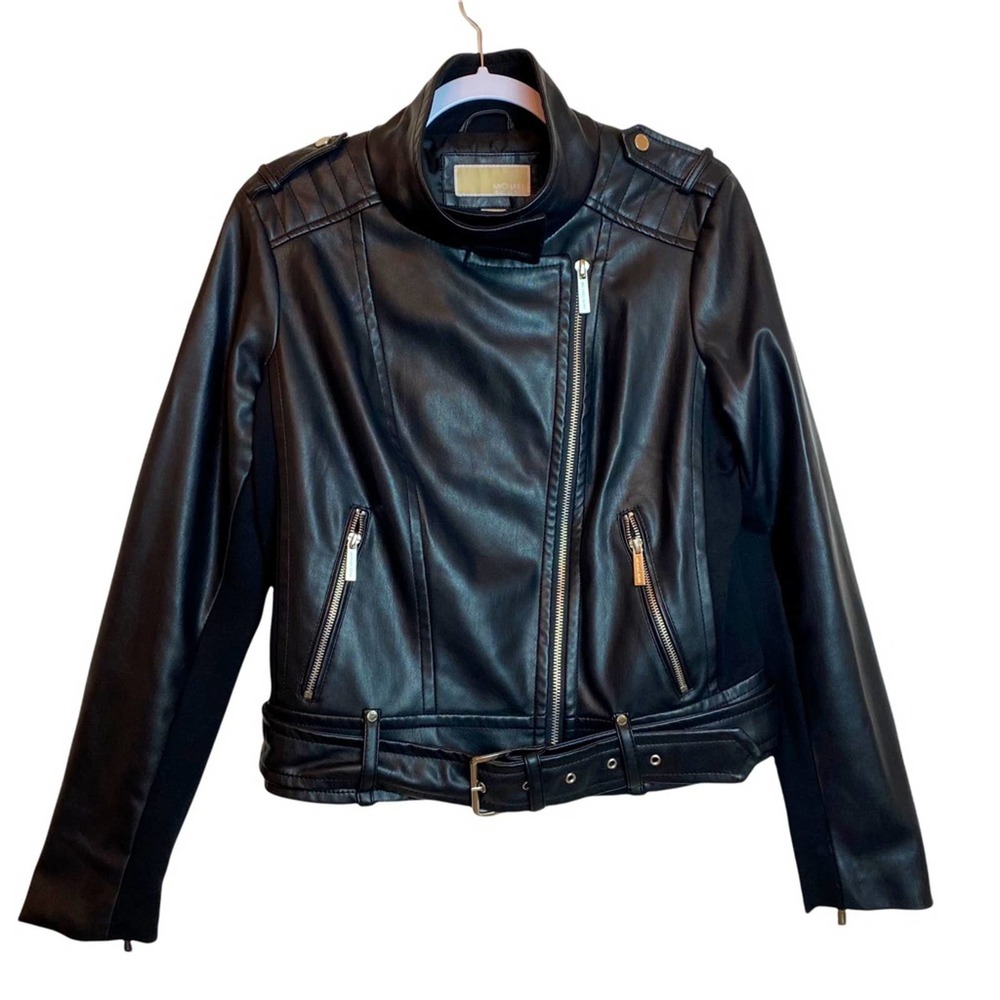 Faux Leather Michael Kors Moto Jacket Black Size Large Extra Large Zipper Belted